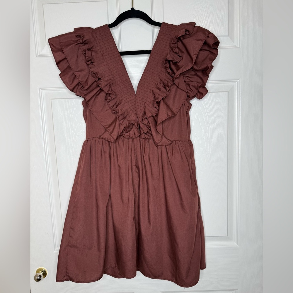 Entro Ruffle Pleated V-neck Mini Babydoll Dress Size L Chocolate Brown - Picture 3 of 11
